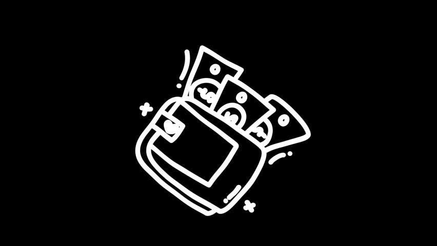 Cartoon illustration of a wallet bursting with cash, set against a black background, symbolizing wealth, success, and prosperity, ideal for loop animation or 4K video projects.