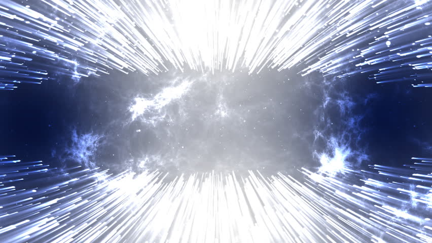 Spectacular 4K hyperspace footage capturing warp speed jump with brilliant white center and blue light streaks creating tunnel effect. Intense radial motion blur simulates faster-than-light travel thr