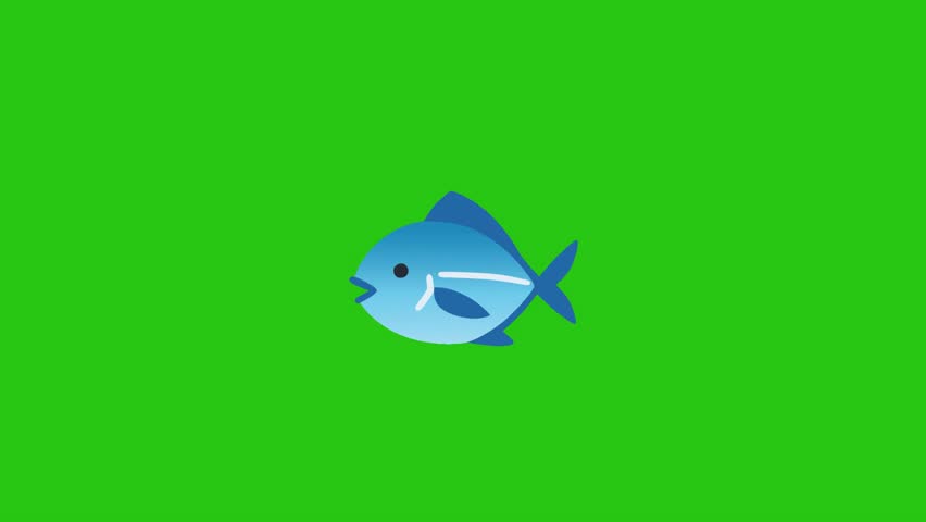 Blue cartoon fish prominently displayed against a solid green backdrop.