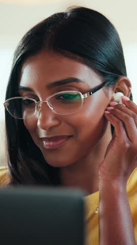 Happy, student and earphones for video call on laptop for course, online learning and study session. Smile, woman and pc for listening to webinar, elearning and virtual lesson for education at house