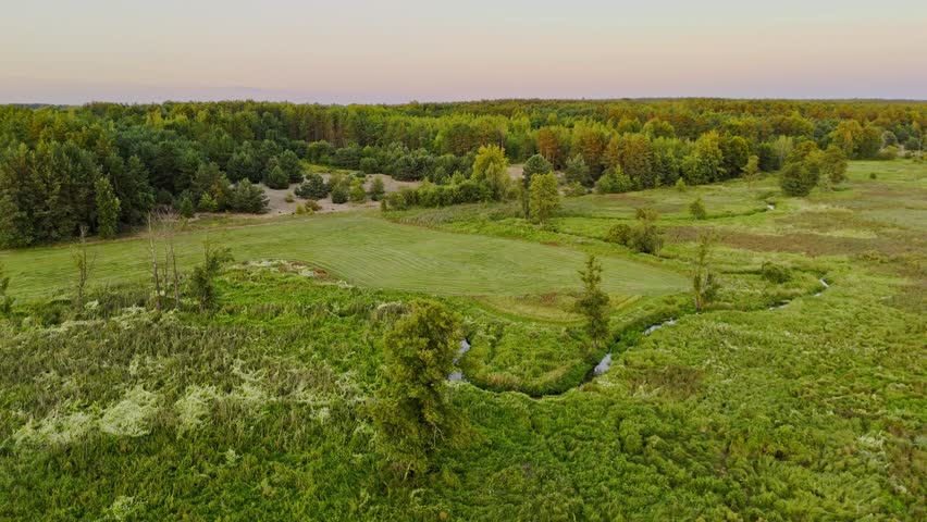 Aerial Sunset Over Lush Green Fields and Forest