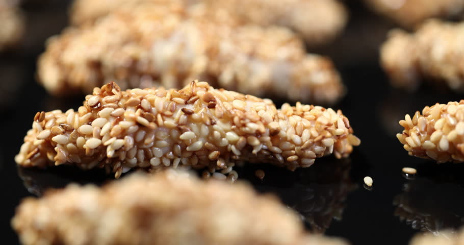 Sesame Cookies Baking on Tray — Traditional Homemade Dessert in 4K
