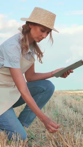 Woman crouches in a field, carefully inspecting crops while holding a tablet. She is dressed casually and enjoys the sunny weather, showing interest in agricultural practices.