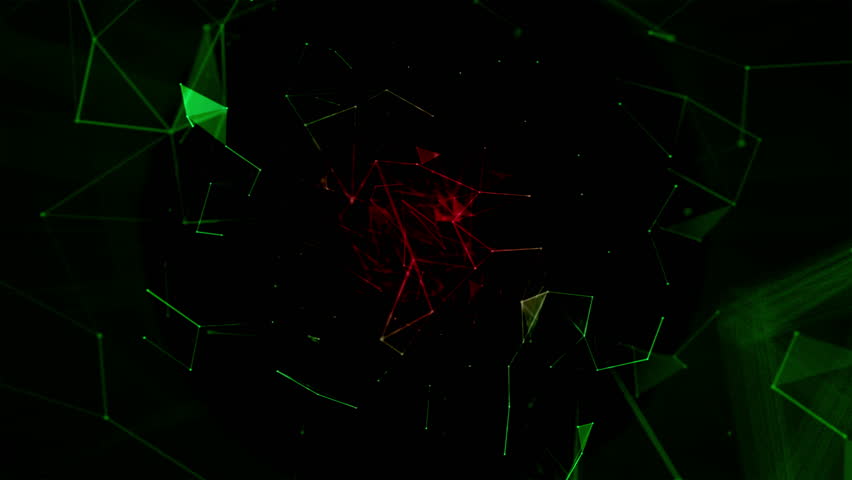 Professional 4K footage displaying green and red angular geometric structures colliding in technological space. Sharp triangular fragments create contrast representing system conflict, data processing