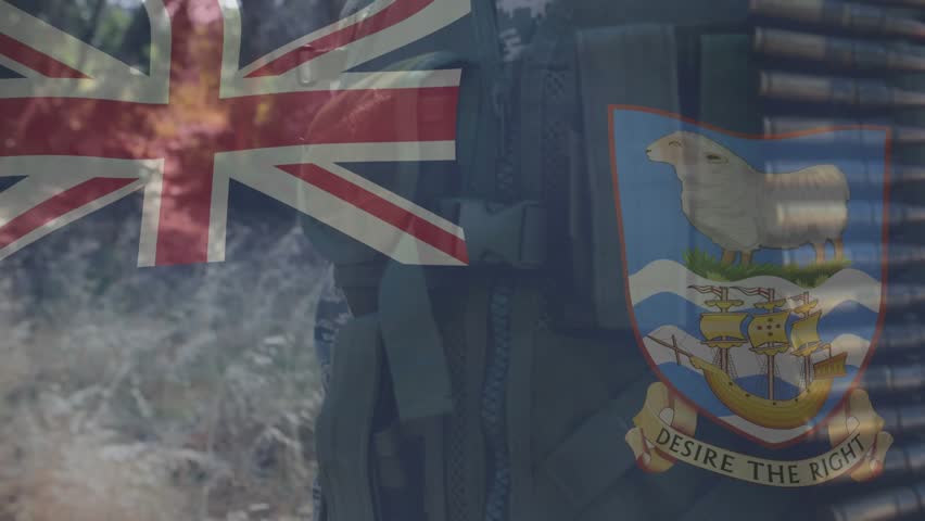 Uniformed soldier initiating face reveal under Union Jack and Falkland Islands crest uniting. Military, patriotism, resilience, discipline, camouflage, landscape, documentary