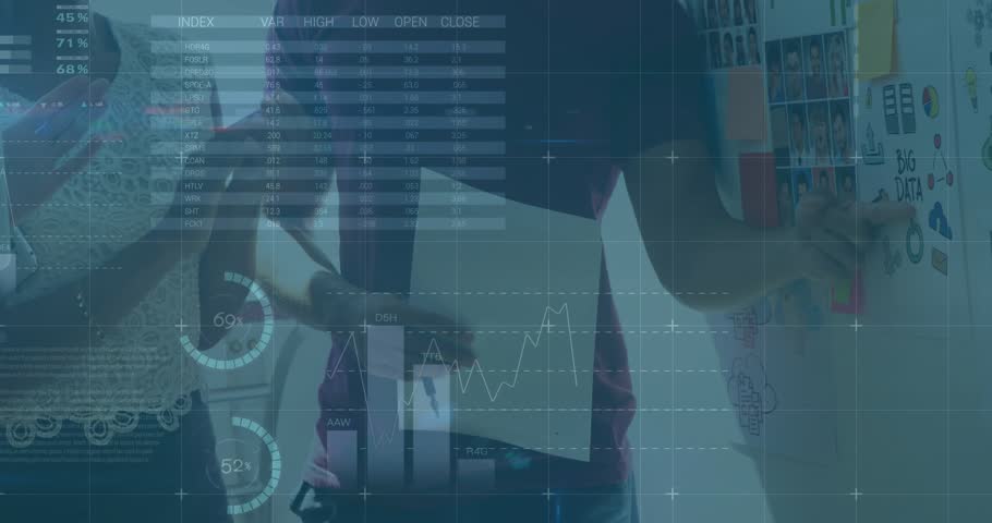 Business colleagues adjusting sticky note while data overlays showcasing global metrics on board. Collaboration, strategy, innovation, analytics, teamwork, planning, data visualization
