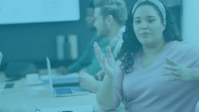 woman gesturing in business meeting, activating waveforms with speech while colleagues typing notes. Collaboration, teamwork, communication, corporate, professional, innovation, presentation - Powered by Shutterstock - Get 15% off with code: PIKWIZARD15