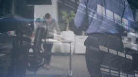 Camera panning as peer passing by, revealing woman reviewing tech analysis on tablet with overlays. Professional, collaboration, digital, modern, innovation, workspace, productivity - Powered by Shutterstock - Get 15% off with code: PIKWIZARD15