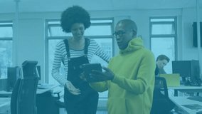 Colleagues tapping tablet and driving tech network visualization with hexagons overlaying world map. Collaboration, innovation, technology, data, business, connectivity, futuristic - Powered by Shutterstock - Get 15% off with code: PIKWIZARD15