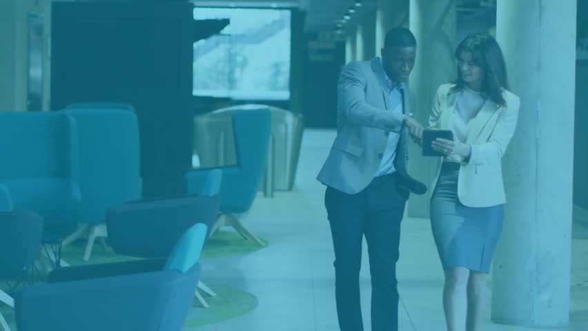 Man pointing tablet while woman swiping screen growing world map unveiling business analytics. Technology, collaboration, innovation, data, visualization, corporate, digital