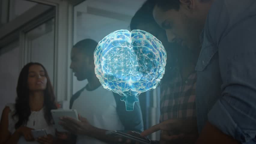 Colleagues swiping devices and tapping tablet activating blue brain hologram rotating for AR study. Hologram, collaboration, innovation, technology, neuroscience, augmented reality, teamwork - Powered by Shutterstock - Get 15% off with code: PIKWIZARD15