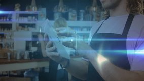 Barista tapping tablet screen at cafe counter, creating growing network map for data visualization. Technology, digital, networking, innovation, modern, data, commerce - Powered by Shutterstock - Get 15% off with code: PIKWIZARD15