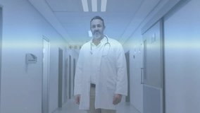 Medical doctor shifting posture in corridor as light flares sparking map and ECG overlays rising. Diagnostic, healthcare, telemedicine, technology, professional, clinical, modern - Powered by Shutterstock - Get 15% off with code: PIKWIZARD15