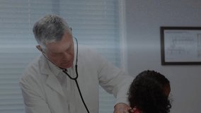 Doctor placing stethoscope on patient back and monitoring lung health with waveforms and globe. Medical, healthcare, diagnostics, technology, pediatric, clinical, visualization - Powered by Shutterstock - Get 15% off with code: PIKWIZARD15