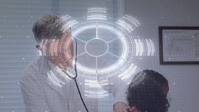 Doctor greeting child patient, placing stethoscope monitoring lungs under medical overlay. Healthcare, pediatrics, digital technology, medical examination, reassurance, clinical environment - Powered by Shutterstock - Get 15% off with code: PIKWIZARD15