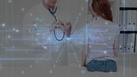 Health overlay settling doctor examining patient back, data highlighting stethoscope contact points. Medical, healthcare, technology, diagnosis, digital, clinical, professional - Powered by Shutterstock - Get 15% off with code: PIKWIZARD15