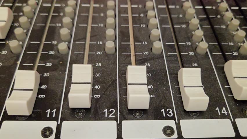 professional audio mixing console with multiple sliders and buttons, highlighting the intricate details of sound engineering equipment used in music production, live performances, or broadcasting