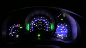 Close-up POV of an illuminated car instrument cluster at night, showing speedometer, tachometer, and gauge lights while driving. Generic transportation concept. No logos, no people. - Powered by Shutterstock - Get 15% off with code: PIKWIZARD15