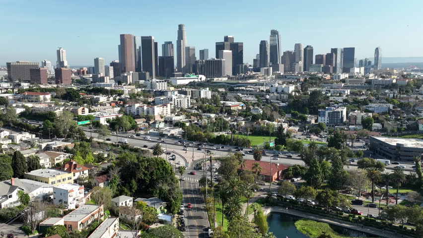 Los Angeles Downtown Hollywood Freeway from Echo Park Aerial Shot Forward Tilt Down California USA
