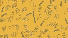 A charming and whimsical pattern featuring hand-drawn illustrations of various vegetables and fruits, set against a vibrant yellow backdrop. Perfect for food-related designs. - Powered by Shutterstock - Get 15% off with code: PIKWIZARD15