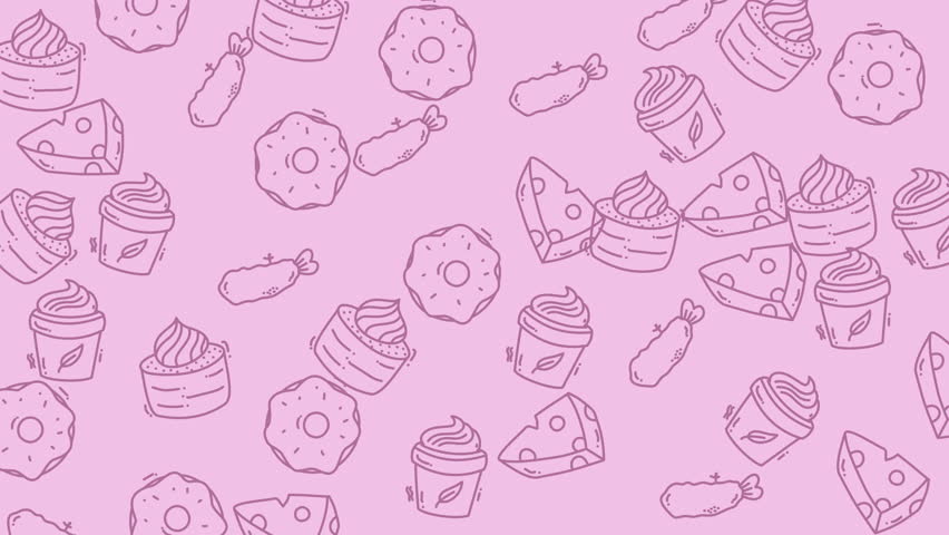 A charming and whimsical seamless pattern featuring a variety of hand-drawn sweets and desserts, including donuts, cupcakes, and candies, all rendered in a simple outline style on a soft pink backgro.