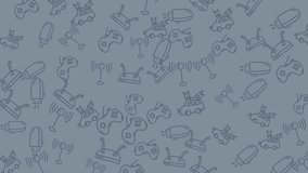 A repeating pattern featuring hand-drawn illustrations of retro video game controllers, joysticks, and arcade game elements, set against a muted blue backdrop. - Powered by Shutterstock - Get 15% off with code: PIKWIZARD15