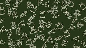 A seamless pattern featuring hand-drawn doodles of science and medical equipment like test tubes, beakers, syringes, and pills, set against a dark green backdrop. - Powered by Shutterstock - Get 15% off with code: PIKWIZARD15