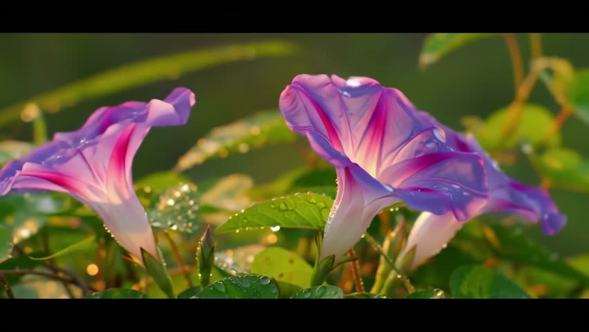 Beautiful purple and pink morning glory flowers covered with fresh dew drops glowing in the morning sunlight. Close-up macro view of blooming morning glory plants in a natural garden background