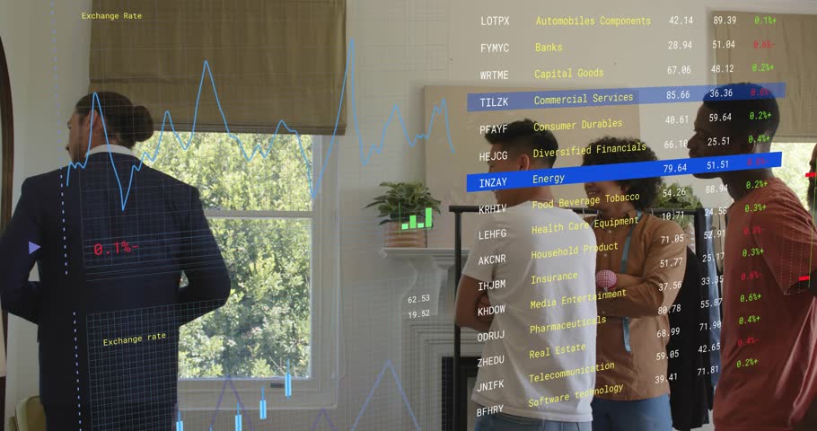 Suited man studying animated finance charts walking to team handshaking hugging celebrating success. Collaboration, teamwork, professional, modern, upbeat, entrepreneurship, business