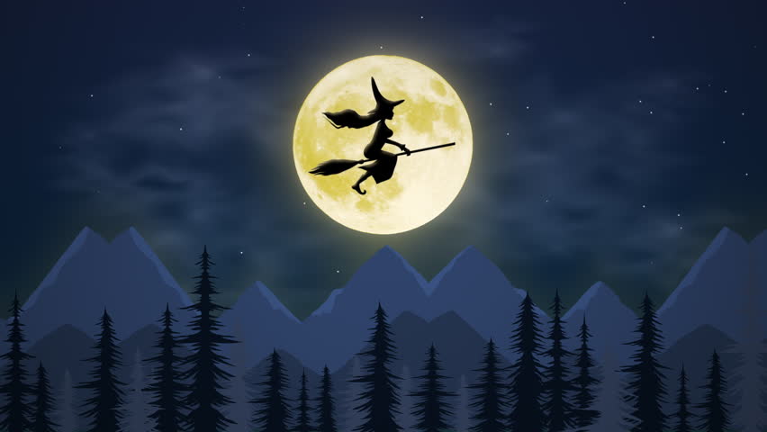 3D animated render of Halloween Spooky Night with Flying Witch Scene