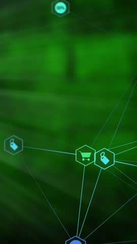 Animation of ai data processing over connecitons and dark background. Global artificial intelligence, digital interface, computing, connections and data processing concept digitally generated video.