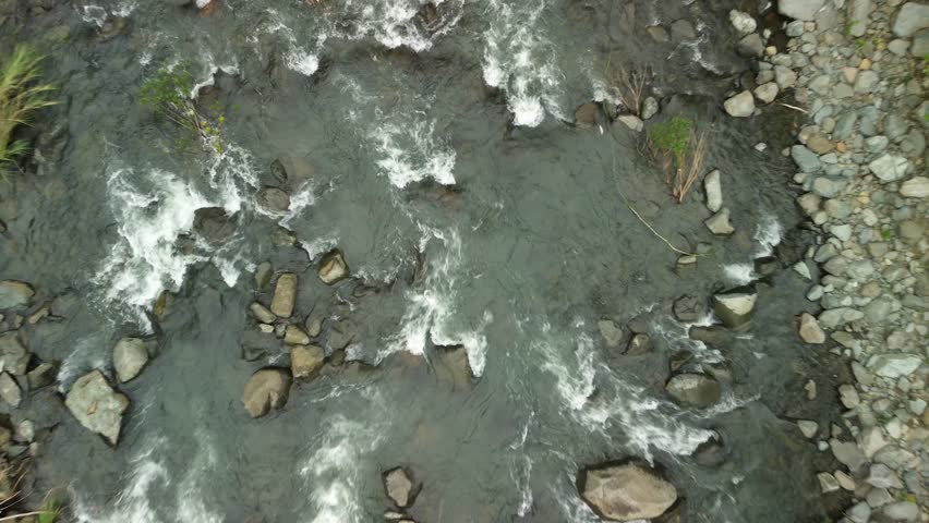 A drone ascends to a strict top-down view of the Tampisaw River in Napsan, Palawan. White riffles weave among boulders and gravel bars as olive water threads between lush jungle banks.