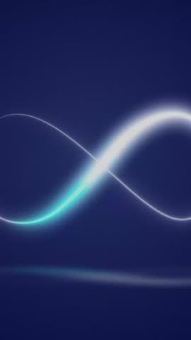 Animation of glowing pink mesh moving over infinity sign on blue background. Colour, shape, light and movement concept digitally generated video.