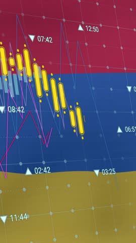 Animation of financial data processing over flag of armenia. Global finances, business, computing and digital interface concept digitally generated video.