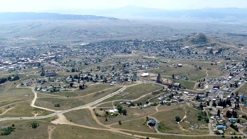 Aerial view of the Berkeley Pit mine and the city of Butte Montana landscape