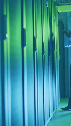 Animation of diagrams and data processing over male worker in server room. Technology and digital interface concept digitally generated video.