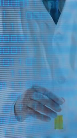 Animation of data processing over caucasian male scientist working in lab. Global science, computing and digital interface concept digitally generated video.