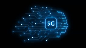 Neon 5G Mobile Network Technology Head Circuit Board Glowing Blue on Black Background human head silhouette - Powered by Shutterstock - Get 15% off with code: PIKWIZARD15