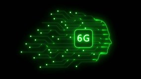 Neon 6G Mobile Network Technology Head Circuit Board Glowing Green on Black Background human head silhouette - Powered by Shutterstock - Get 15% off with code: PIKWIZARD15