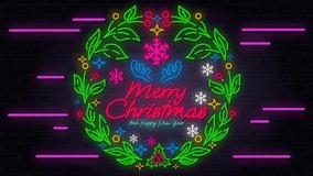 4K looping animation of a glowing neon Christmas wreath with bright lights, snowflakes, and festive ornaments on a dark brick wall. Perfect for holiday greetings, party visuals, and winter themes. - Powered by Shutterstock - Get 15% off with code: PIKWIZARD15