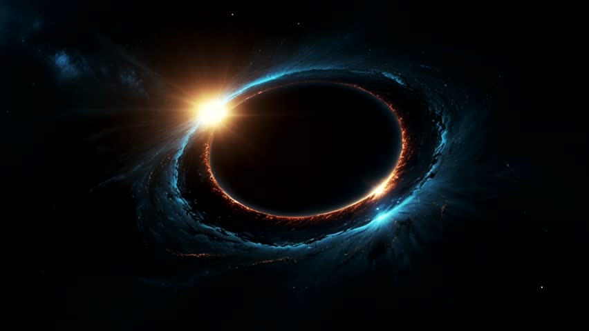 a dramatic cosmic phenomenon, resembling an eclipse or a black hole. The main object is a pitch-black circle, surrounded by a ring of luminous material.

