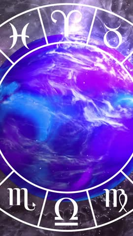 Animation of circle with zodiac symbols over globe on black background. Horoscope and zodiac signs concept digitally generated video.