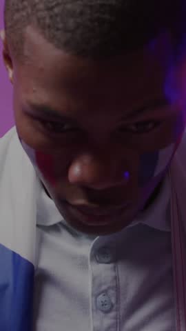 Animation of charts processing data over african american male sports fan with french flag on face. France, network, sport, competition, digital interface and communication, digitally generated video.