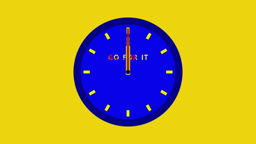 A concept animation showing four blue clocks with hands moving at different positions. Go For It is printed on the clock faces, against a bright yellow background