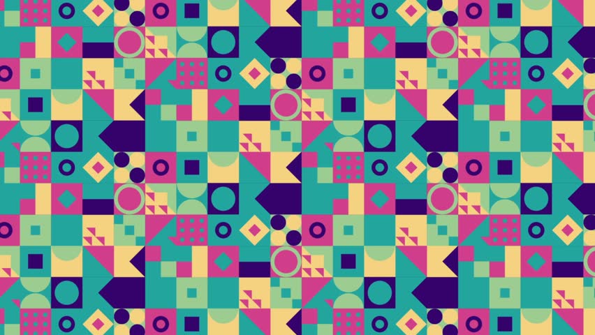 A seamless looping animation of a vibrant and colorful abstract geometric pattern. Features shifting squares, circles, and triangles in a dynamic mosaic grid. - Powered by Shutterstock - Get 15% off with code: PIKWIZARD15