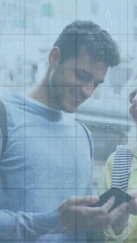 Animation of data processing over caucasian couple using smarphone. Global business, computing, digital interface and data processing concept digitally generated video.