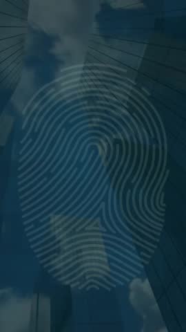 Animation of scanning fingerprint, changing numbers, low angle view of buildings against cloudy sky. Digital composite, multiple exposure, biometric, protection, business, growth and architecture.