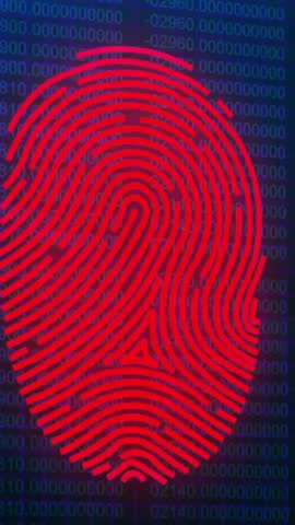 Animation of biometric fingerprint scan over processing data on dark interface screen. Network, data, security, connection, digital interface, processing and communication, digitally generated video.