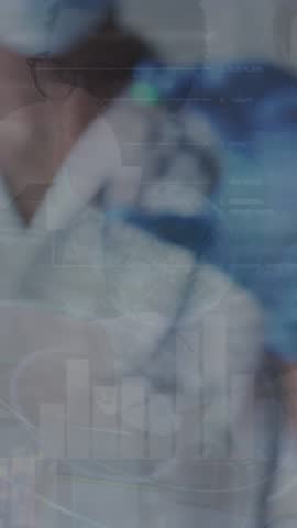 Animation of data processing over caucasian male doctor with face mask and cure. global medicine and data processing during covid 19 pandemic concept digitally generated video.