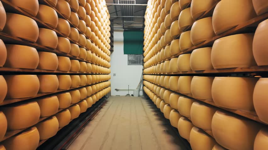 Traditional production process of Parmigiano-Reggiano hard cheese on a small dairy farm in Parma, Italy. Factory maturation room with shelves storing Parmesan cheese wheels aging for up to 5 years 